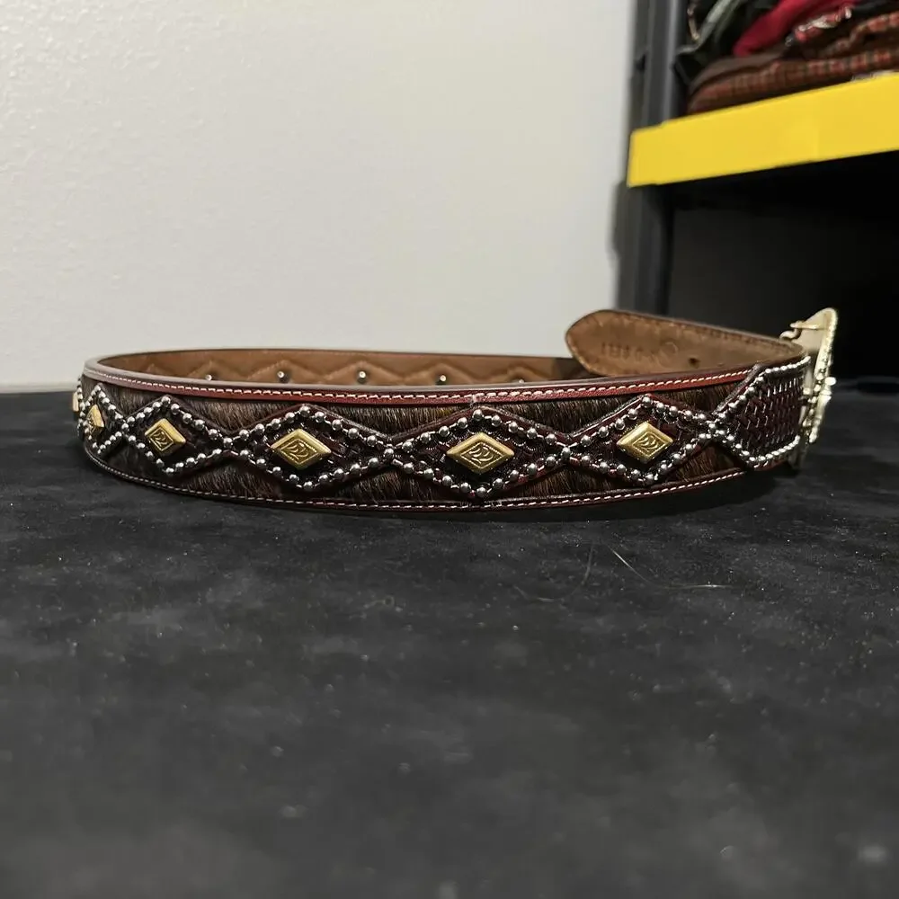 Montana Silversmiths Belt 34 Brown Tooled Western First Love Horse Rodeo Buckle
